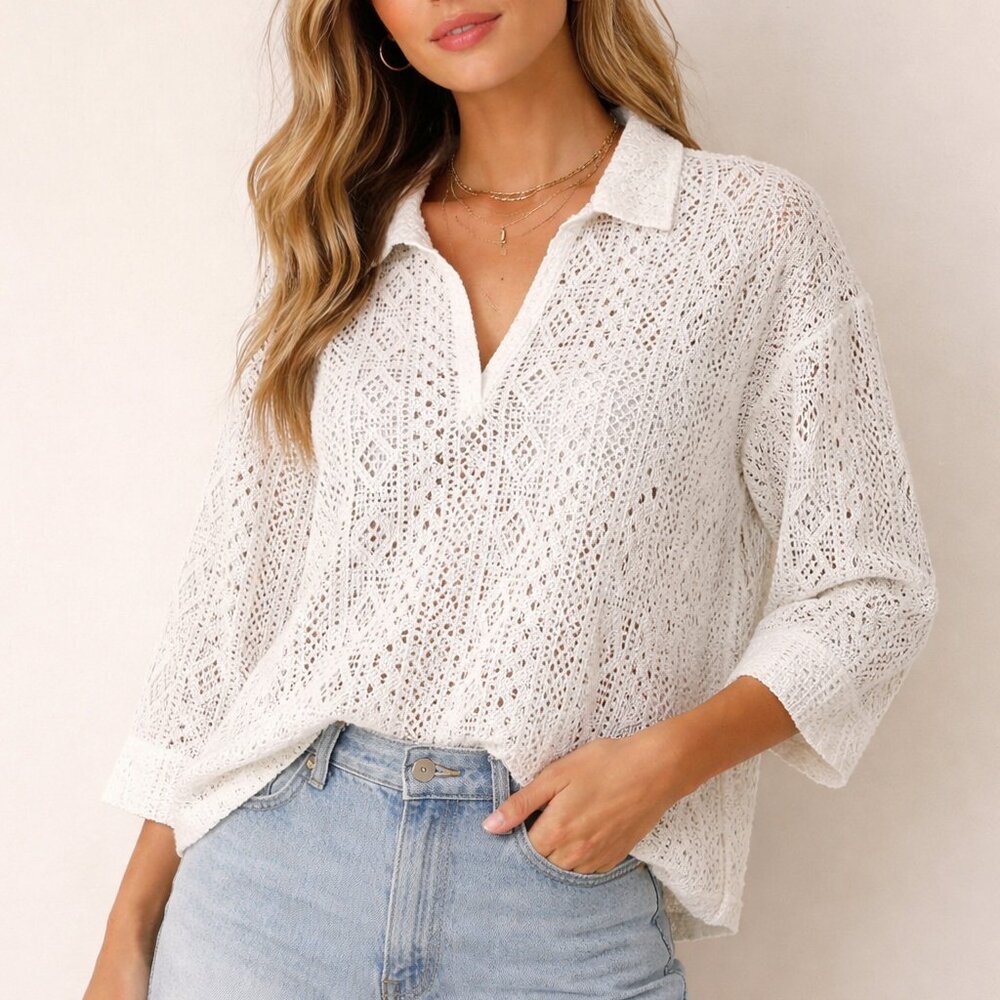 Marled Medium Women’s Lace Collared Boxy Fit Top